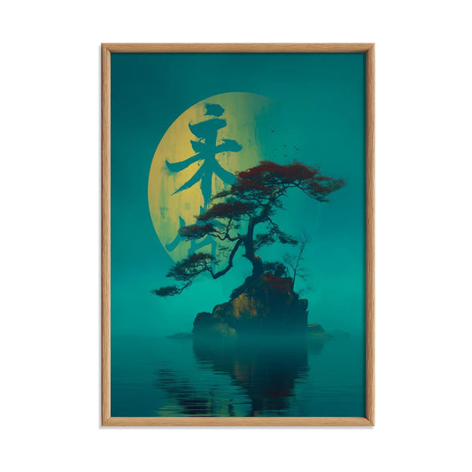 Zen Island Poster, Bonsai Tree Landscape Print, Teal Asian Wall Art