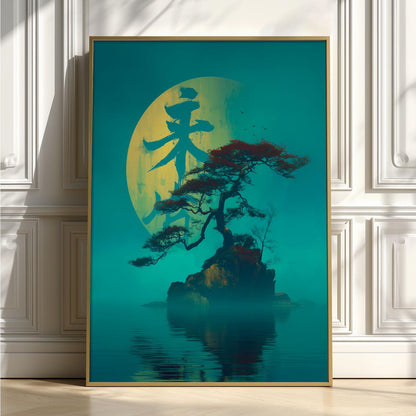 Zen Island Poster, Bonsai Tree Landscape Print, Teal Asian Wall Art