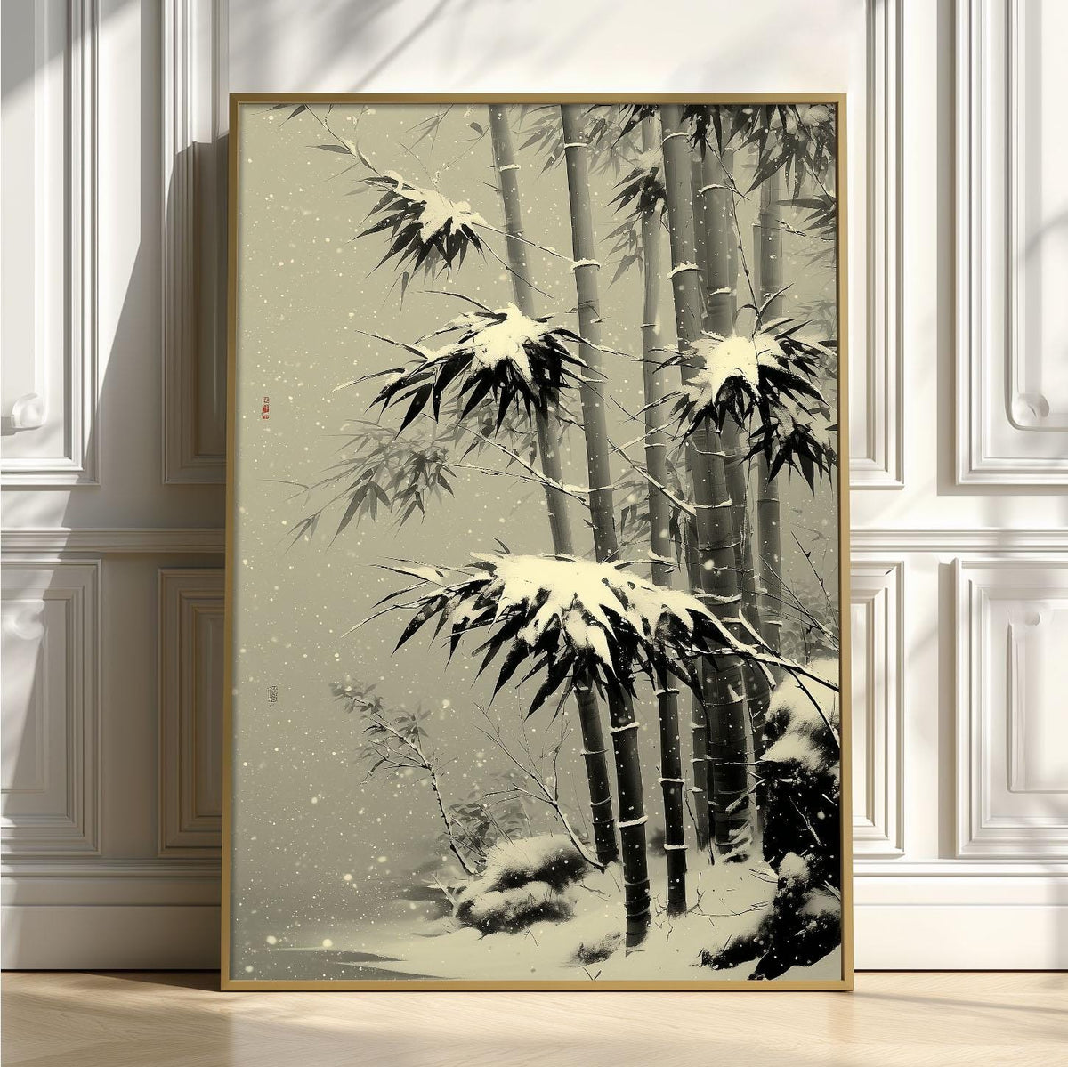 Snow Bamboo Print, Japanese Ink Painting, Winter Wall Art