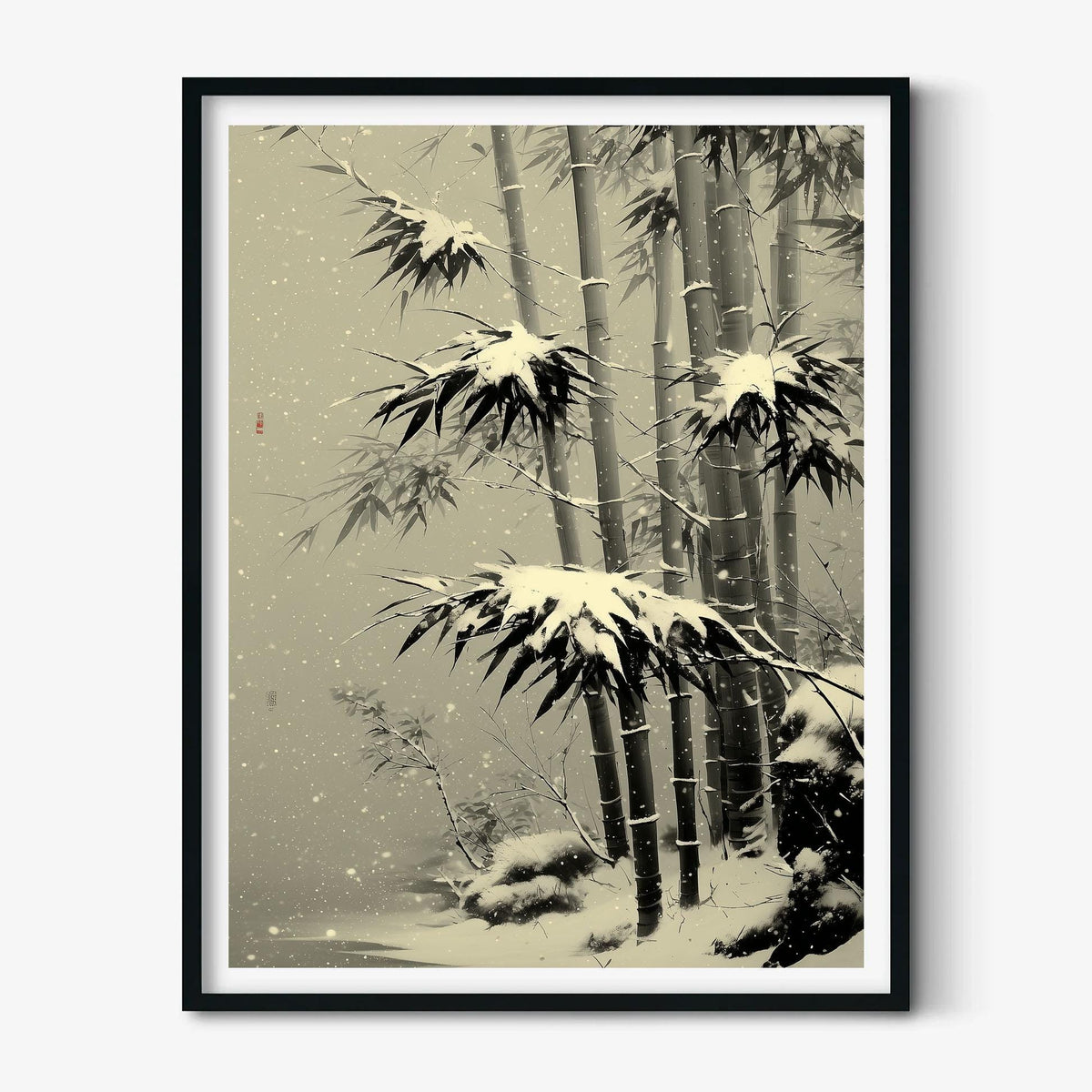 Snow Bamboo Print, Japanese Ink Painting, Winter Wall Art