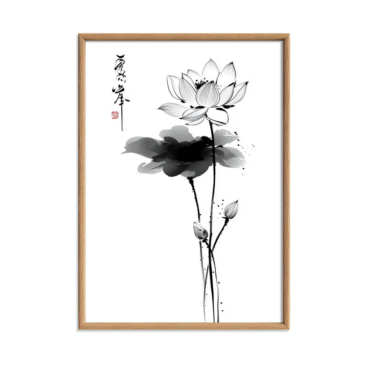 Lotus Flower Print, Japanese Ink Line Art, Minimal Floral Wall Art
