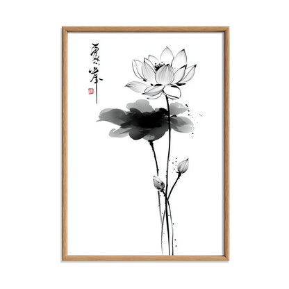 Lotus Flower Print, Japanese Ink Line Art, Minimal Floral Wall Art