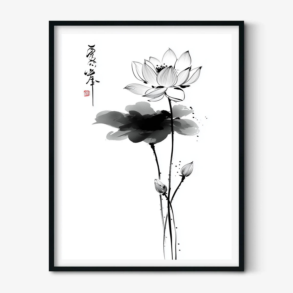 Lotus Flower Print, Japanese Ink Line Art, Minimal Floral Wall Art