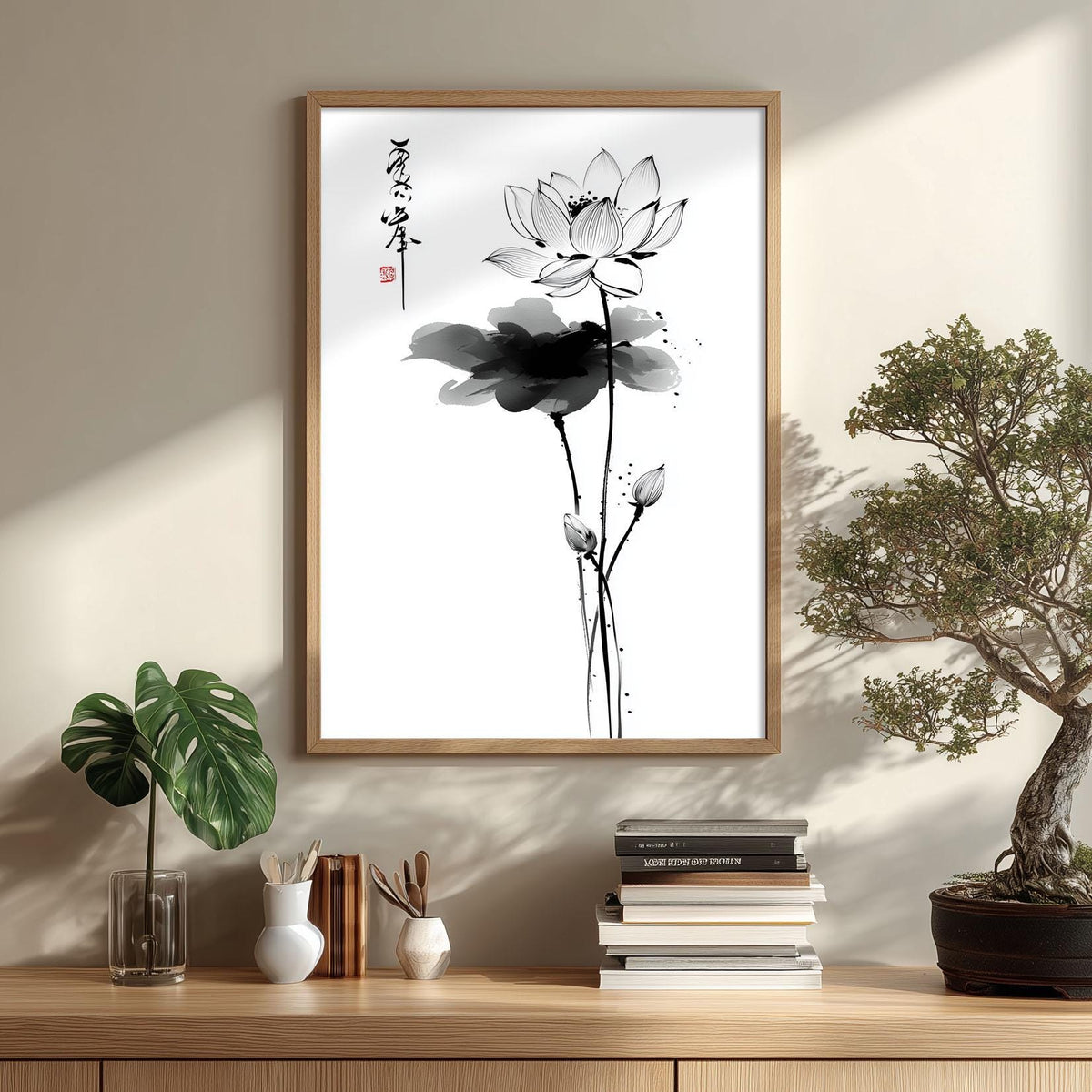 Lotus Flower Print, Japanese Ink Line Art, Minimal Floral Wall Art