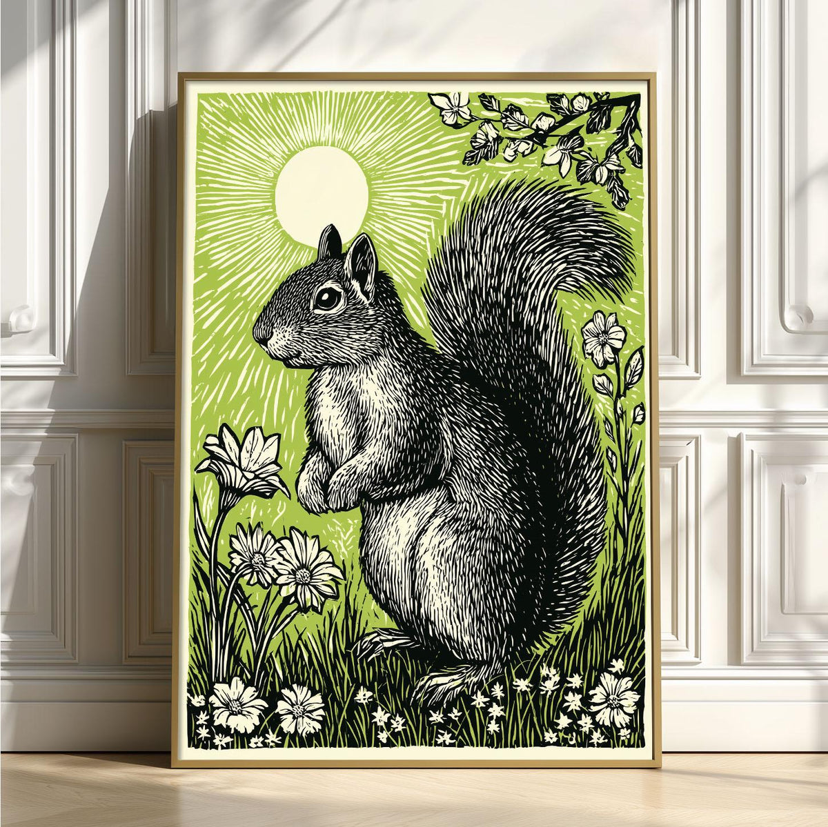 Squirrel poster | woodland wall art | green nature illustration | animal decor | nursery wildlife print