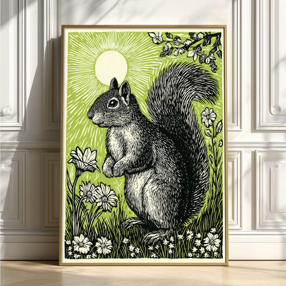 Squirrel poster | woodland wall art | green nature illustration | animal decor | nursery wildlife print