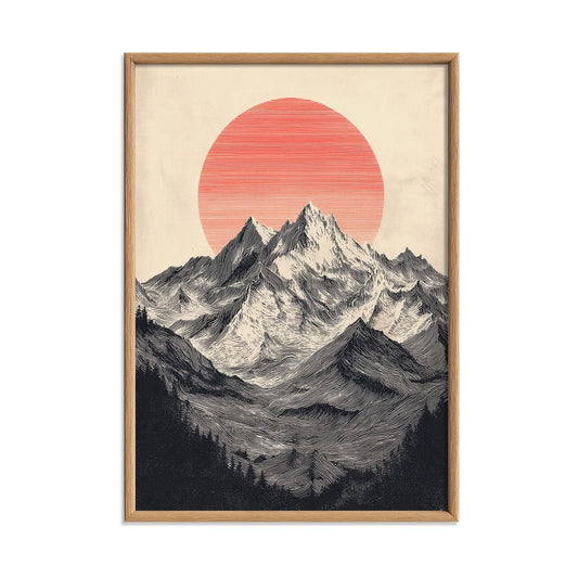 Mountain Landscape Poster, Sun Over Peaks Wall Art Print, Minimalist Vintage Style, Monochrome Black Grey , Unframed Artwork