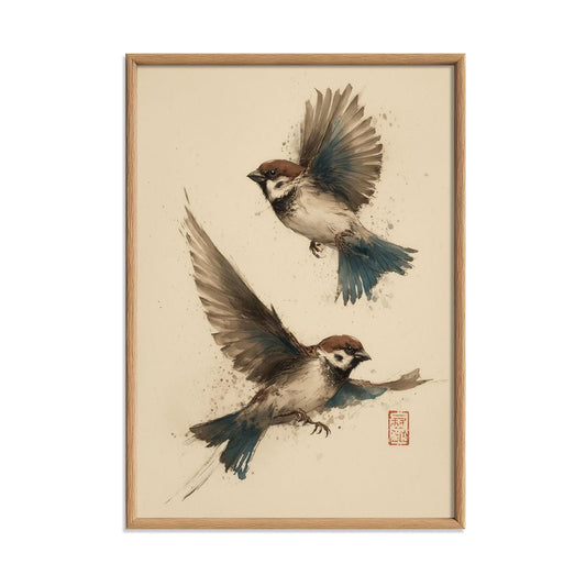 Sparrow Print Japanese Style Bird Poster, Watercolour Bird Wall Art, Vintage Nature Illustration, Neutral Beige Decor