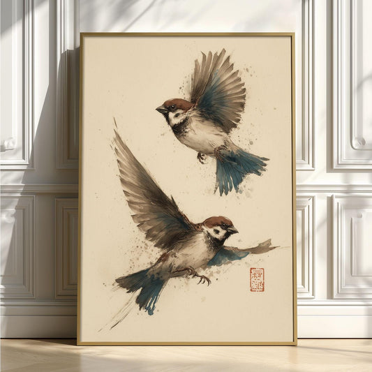 Sparrow Print Japanese Style Bird Poster, Watercolour Bird Wall Art, Vintage Nature Illustration, Neutral Beige Decor