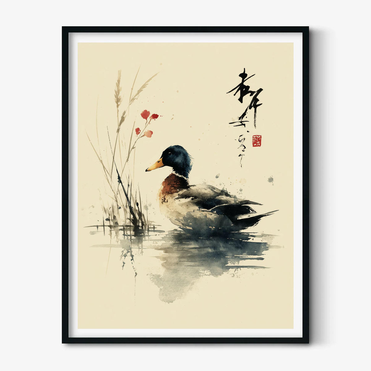 Mallard Duck Wall Art Print, Japanese Watercolour Poster, Zen Wildlife Decor, Bird Painting, Minimal Nature Artwork, Neutral