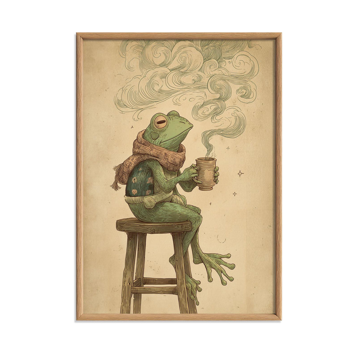 Frog Drinking Coffee Wall Art Print, Cozy Illustration with Swirling Steam and Scarf
