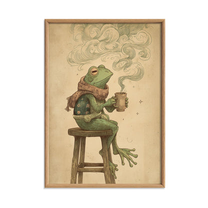 Frog Drinking Coffee Wall Art Print, Cozy Illustration with Swirling Steam and Scarf