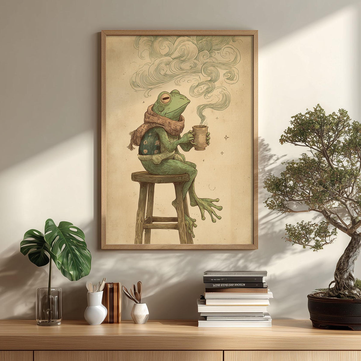 Frog Drinking Coffee Wall Art Print, Cozy Illustration with Swirling Steam and Scarf