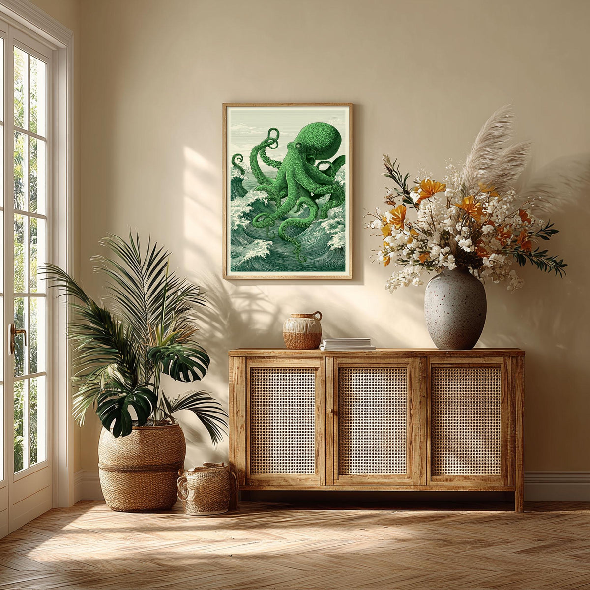 Green Octopus Art Print, Japanese Ocean illustration, Green Sea Wall Decor