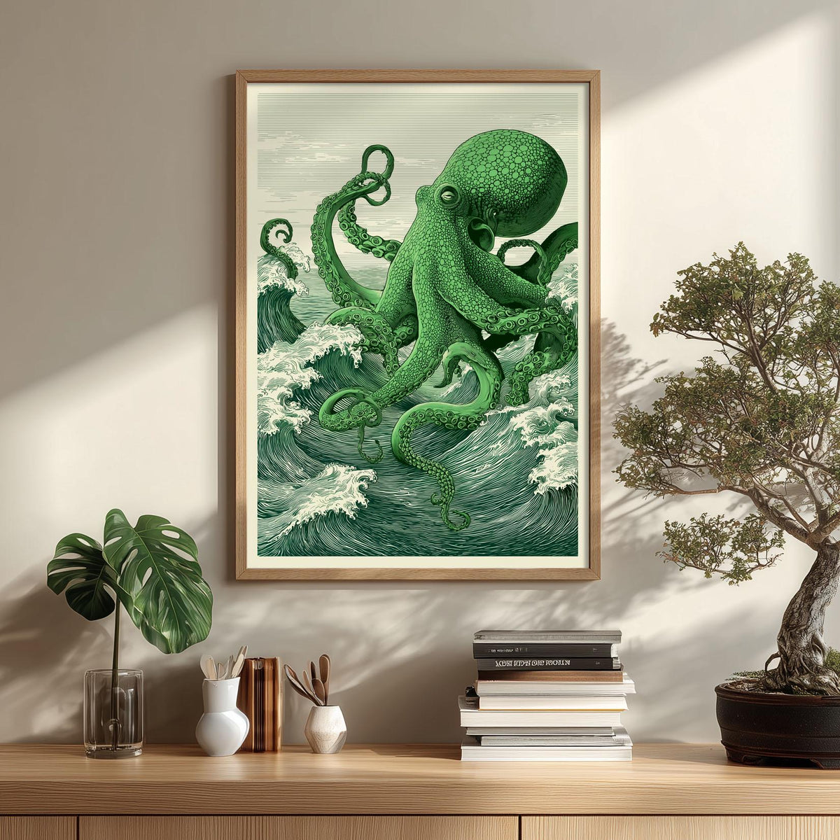 Green Octopus Art Print, Japanese Ocean illustration, Green Sea Wall Decor