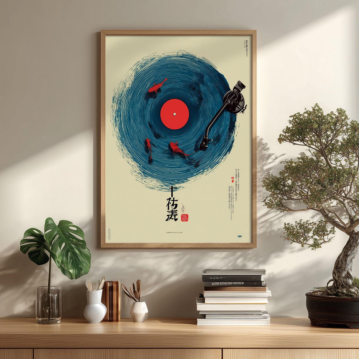 Japanese Vinyl Record Wall Art Print, Koi Fish Music Poster, Minimalist Blue Decor