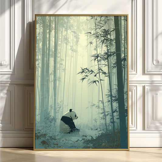 Panda Bamboo Forest Wall Art Print, Asian Nature Poster, Tranquil Green Nursery Decor
