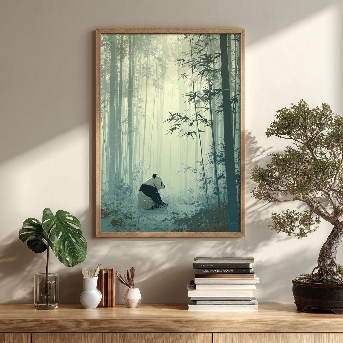 Panda Bamboo Forest Wall Art Print, Asian Nature Poster, Tranquil Green Nursery Decor