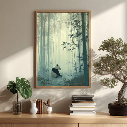 Panda Bamboo Forest Wall Art Print, Asian Nature Poster, Tranquil Green Nursery Decor