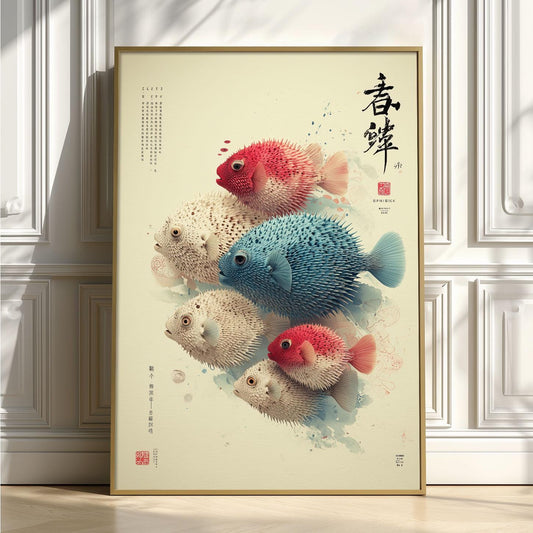 Japanese Pufferfish Wall Art Print, Colourful Fish Poster, Coastal Bathroom Decor, Ocean Nursery