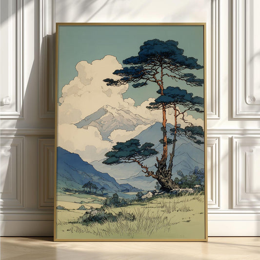 Japanese Mountain Landscape Wall Art Print, Vintage Pine Tree Poster, Scenic Nature Decor
