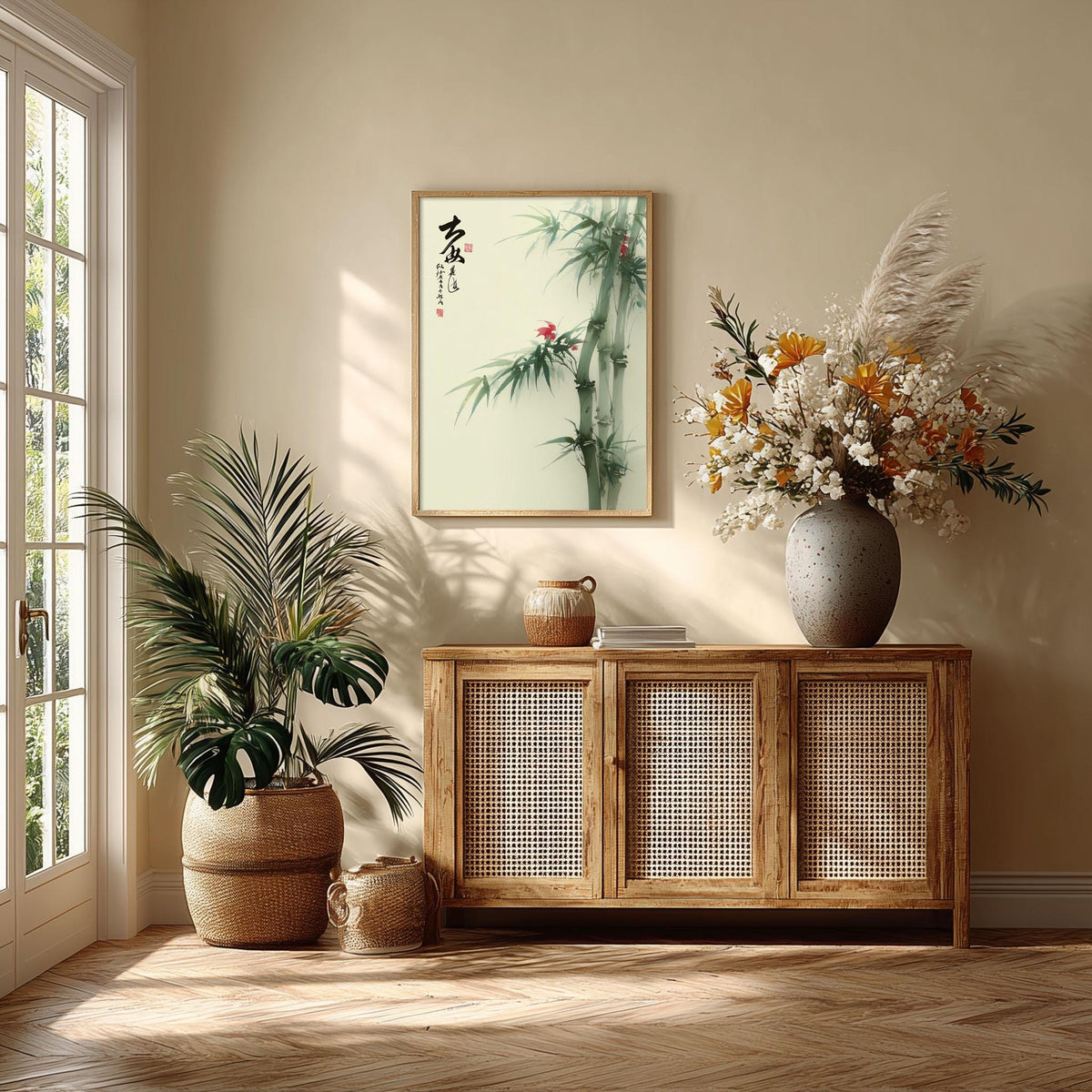 Japanese Bamboo Wall Art Print, Minimalist Ink Wash Poster, Botanical Zen Home Decor