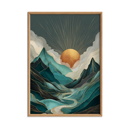 Teal Mountain Sunrise Wall Art Print, Abstract Landscape Poster, Gold Sun River Decor