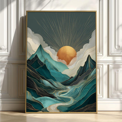 Teal Mountain Sunrise Wall Art Print, Abstract Landscape Poster, Gold Sun River Decor