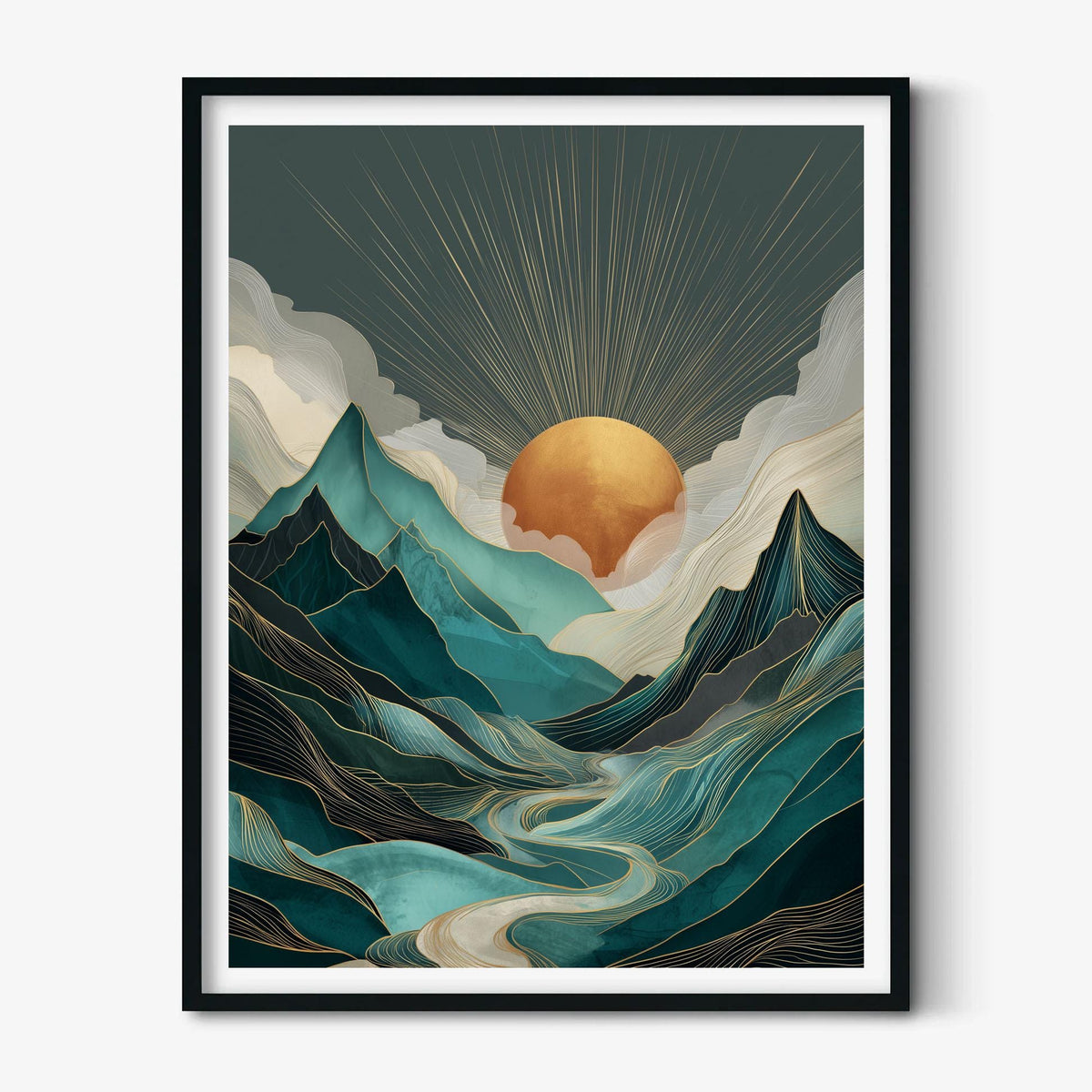 Teal Mountain Sunrise Wall Art Print, Abstract Landscape Poster, Gold Sun River Decor