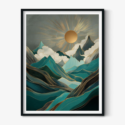 Teal Mountain Sunrise Wall Art Print, Abstract Landscape Poster, Gold Sun Cloud Decor