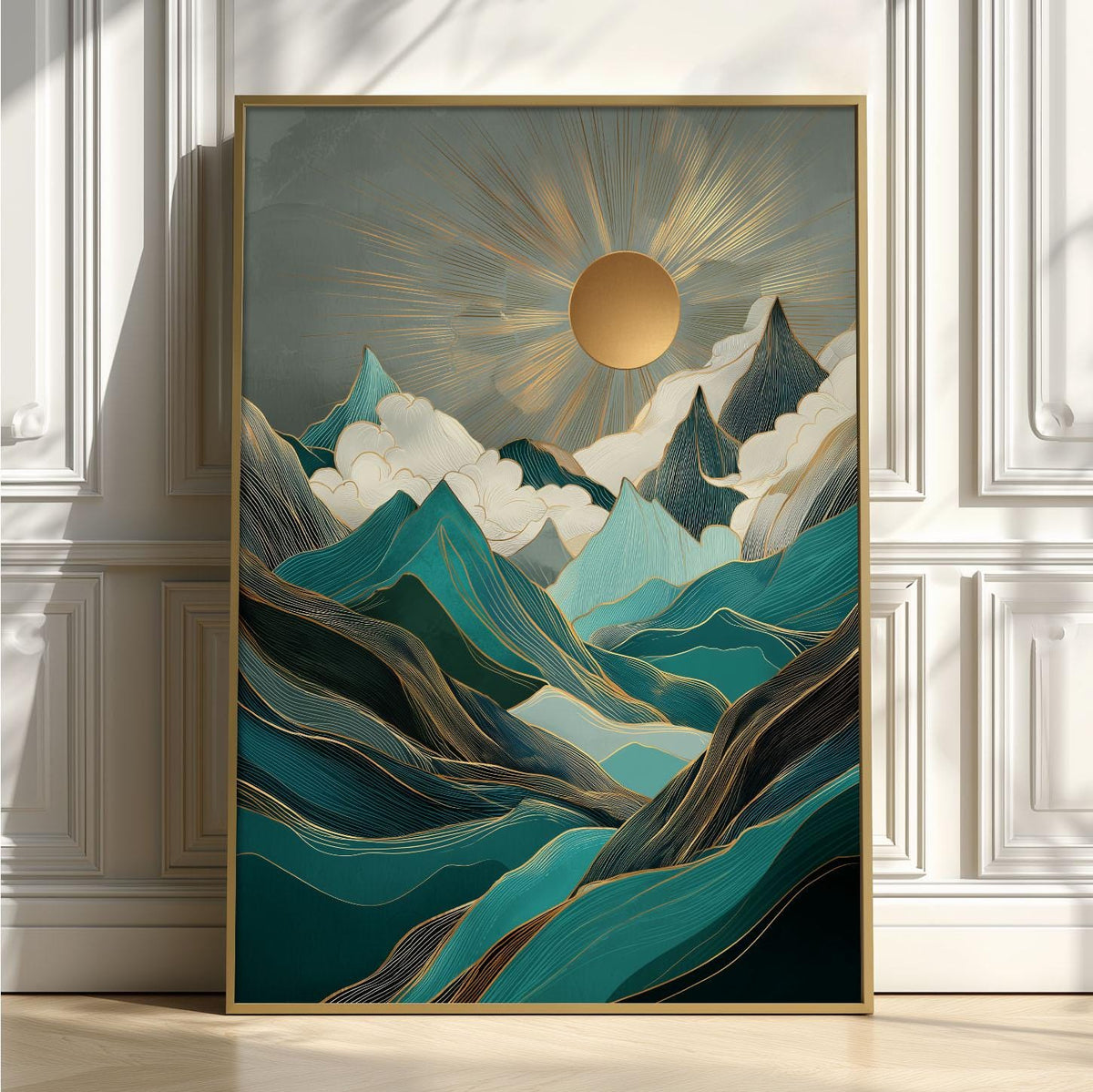Teal Mountain Sunrise Wall Art Print, Abstract Landscape Poster, Gold Sun Cloud Decor