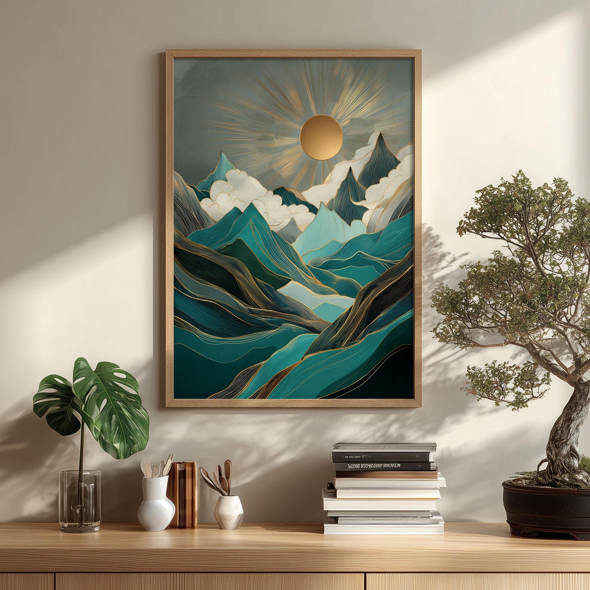 Teal Mountain Sunrise Wall Art Print, Abstract Landscape Poster, Gold Sun Cloud Decor