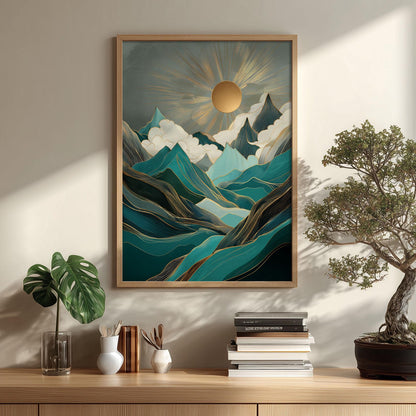Teal Mountain Sunrise Wall Art Print, Abstract Landscape Poster, Gold Sun Cloud Decor