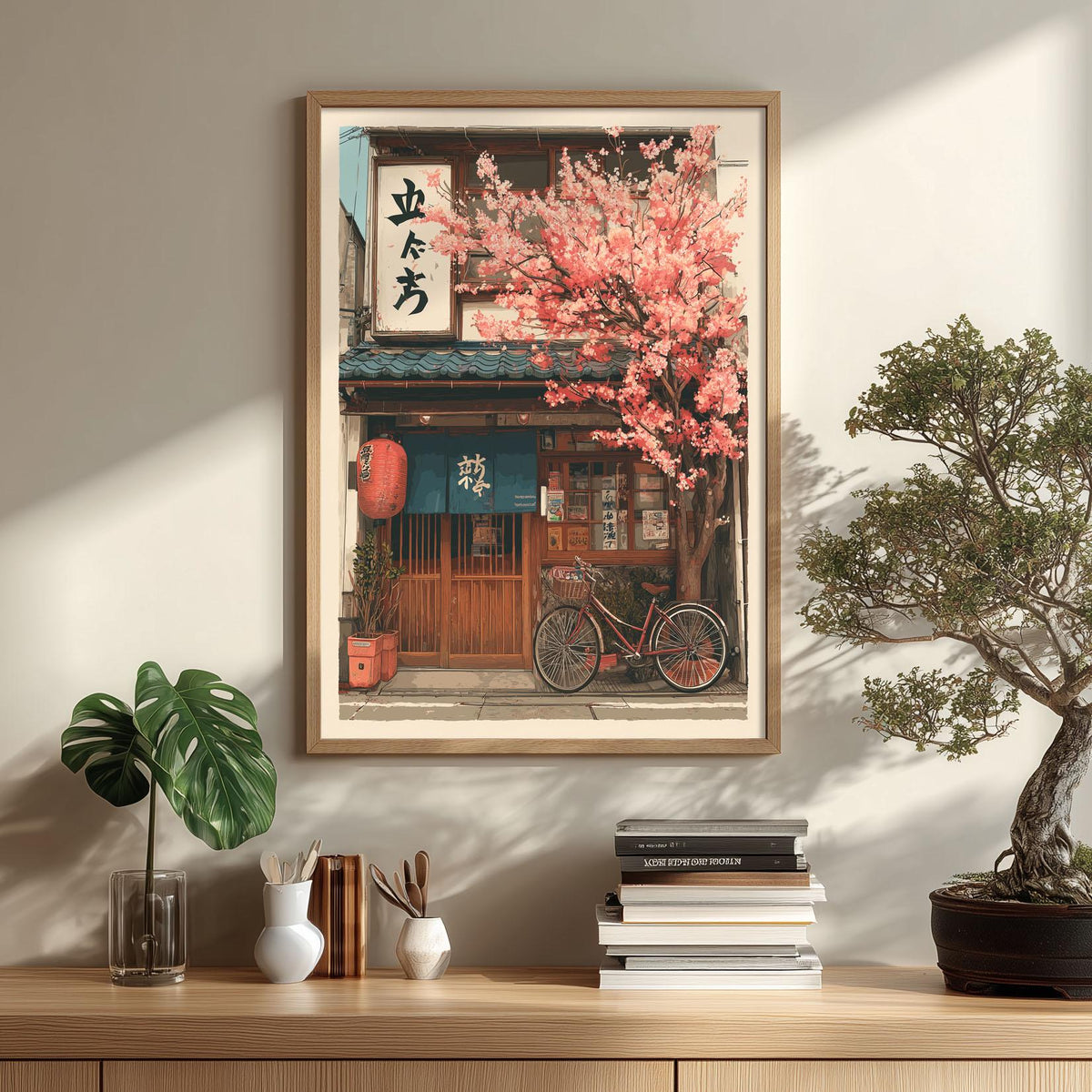 Japanese Izakaya Cherry Blossom Wall Art Print, Tokyo Street Poster, Bicycle Cafe Decor