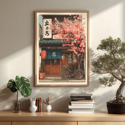 Japanese Izakaya Cherry Blossom Wall Art Print, Tokyo Street Poster, Bicycle Cafe Decor