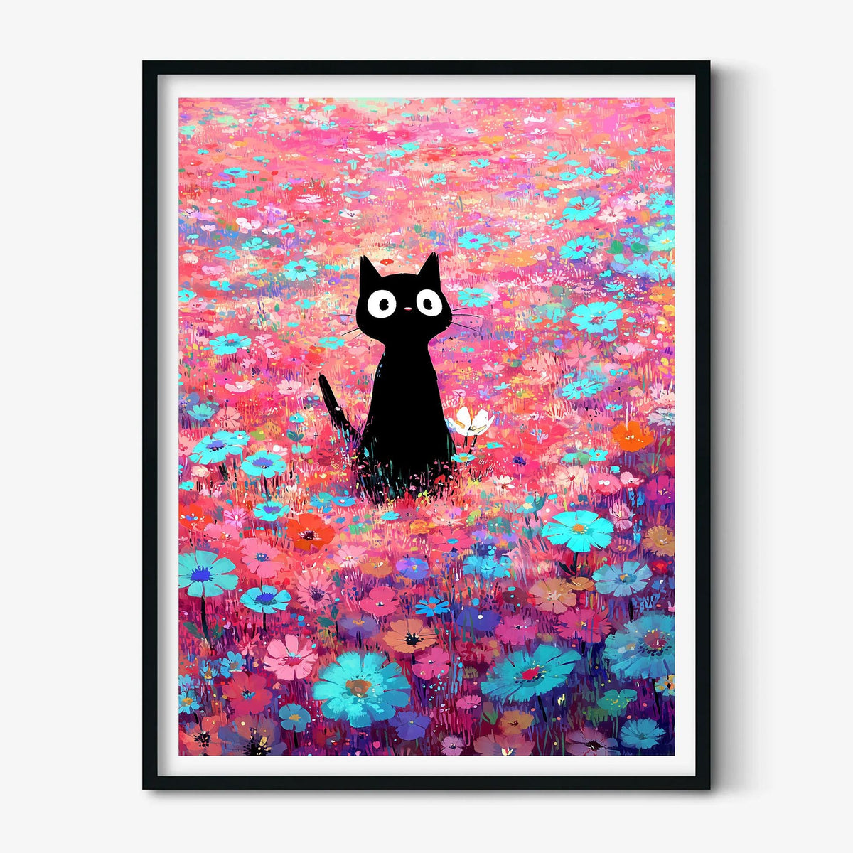 Black Cat Flower Meadow Wall Art Print, Colourful Floral Cat Poster, Cute Nursery Decor