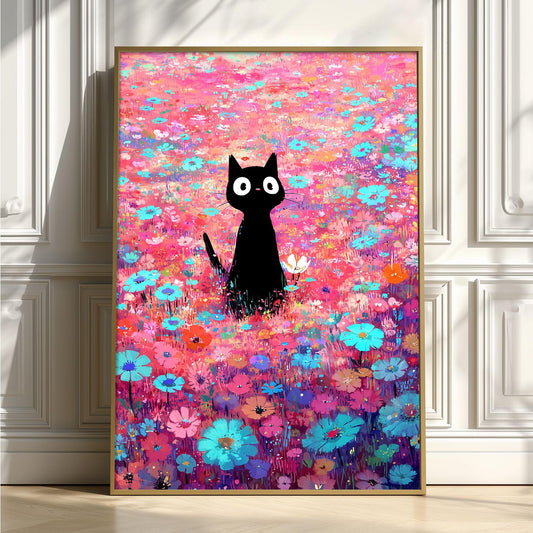Black Cat Flower Meadow Wall Art Print, Colourful Floral Cat Poster, Cute Nursery Decor