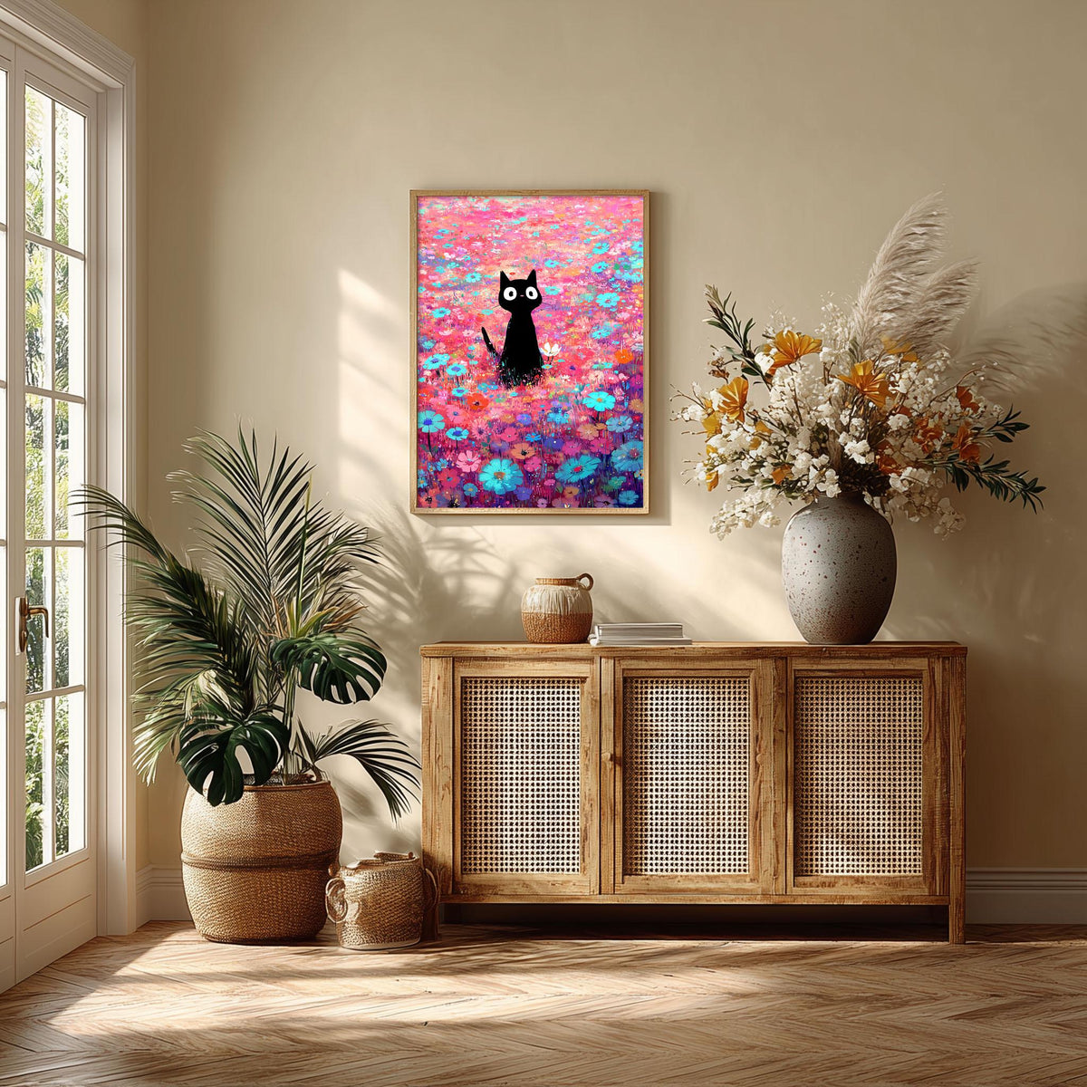 Black Cat Flower Meadow Wall Art Print, Colourful Floral Cat Poster, Cute Nursery Decor