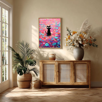 Black Cat Flower Meadow Wall Art Print, Colourful Floral Cat Poster, Cute Nursery Decor