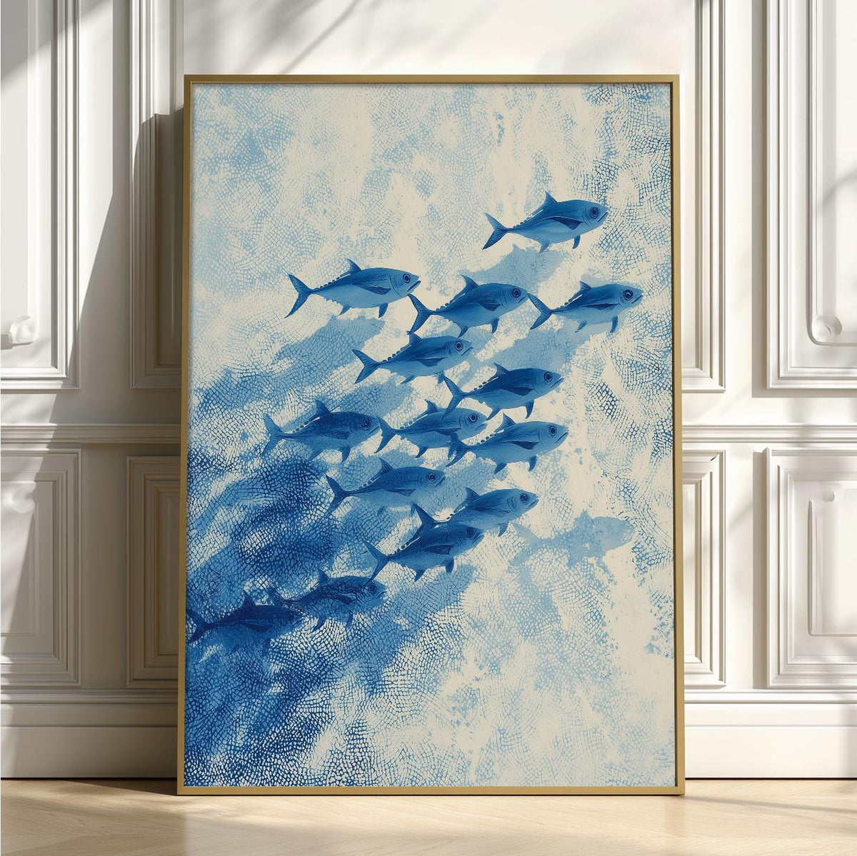 Blue School Of Fish Wall Art Print, Coastal Ocean Poster, Nautical Bathroom Decor
