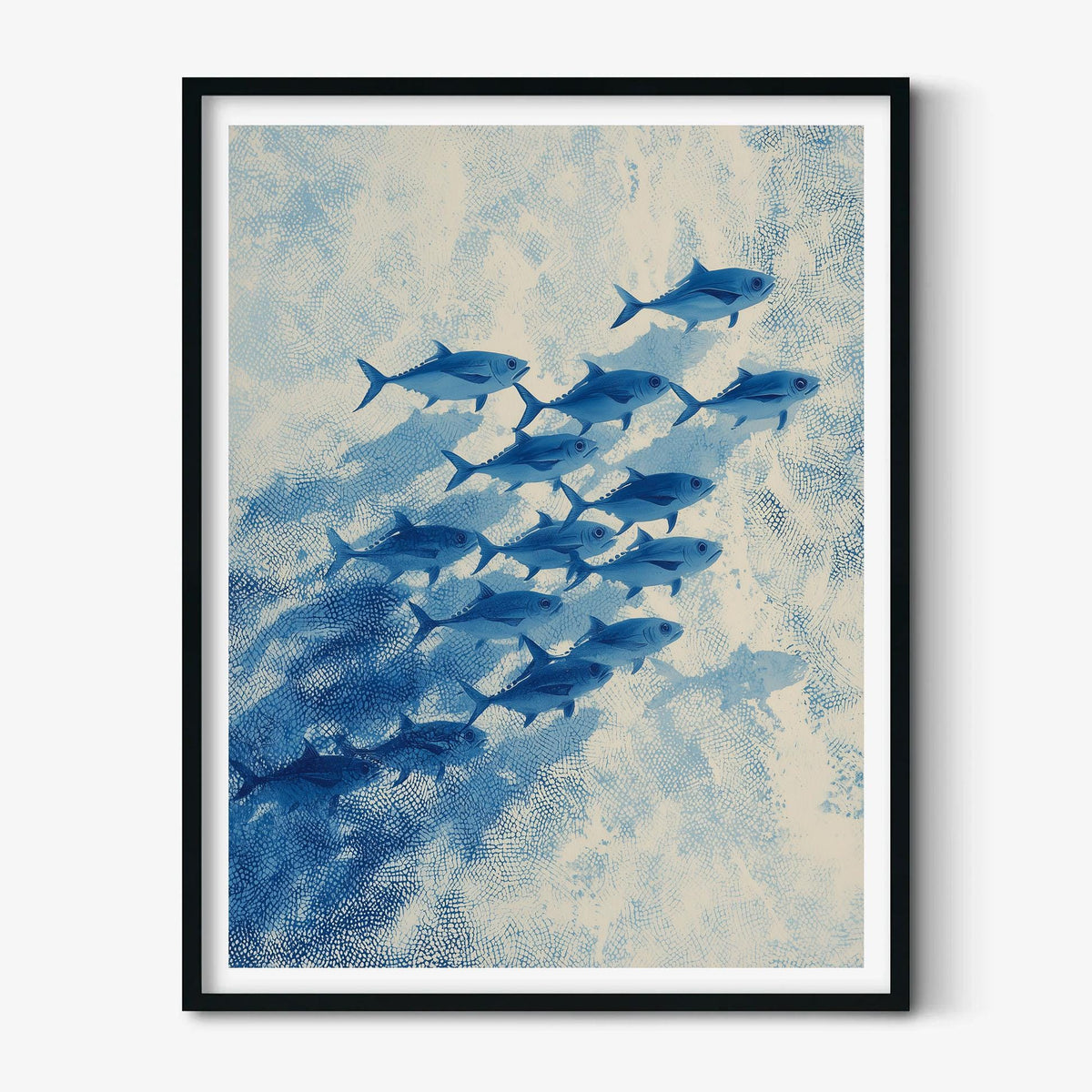 Blue School Of Fish Wall Art Print, Coastal Ocean Poster, Nautical Bathroom Decor