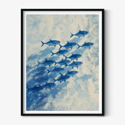 Blue School Of Fish Wall Art Print, Coastal Ocean Poster, Nautical Bathroom Decor