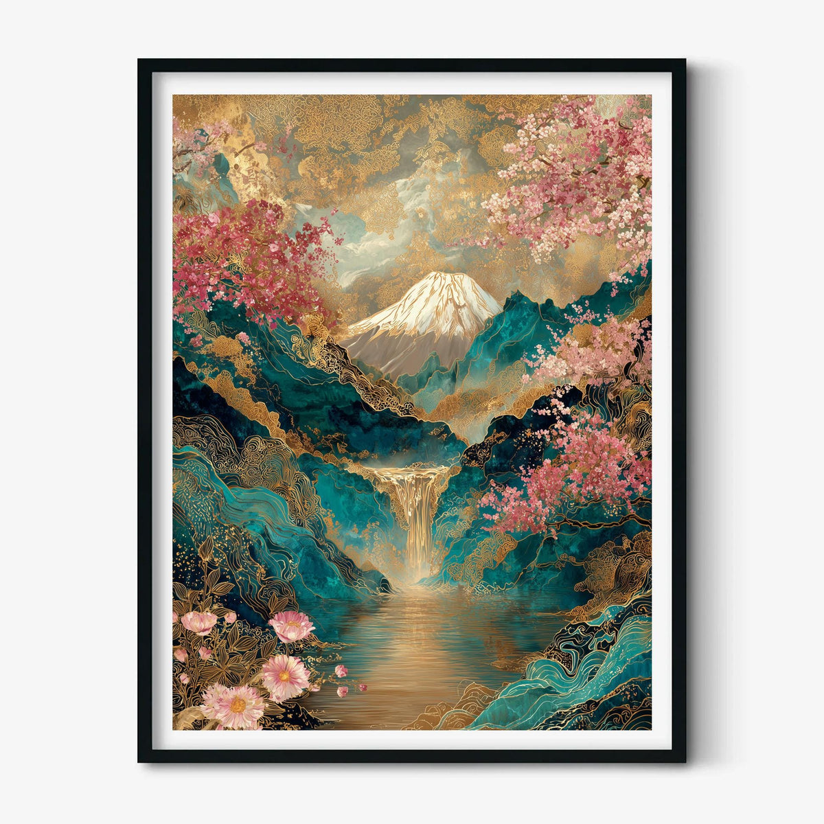 Mount Fuji Cherry Blossom Wall Art Print, Japanese Landscape Poster, Teal Gold Sakura Decor