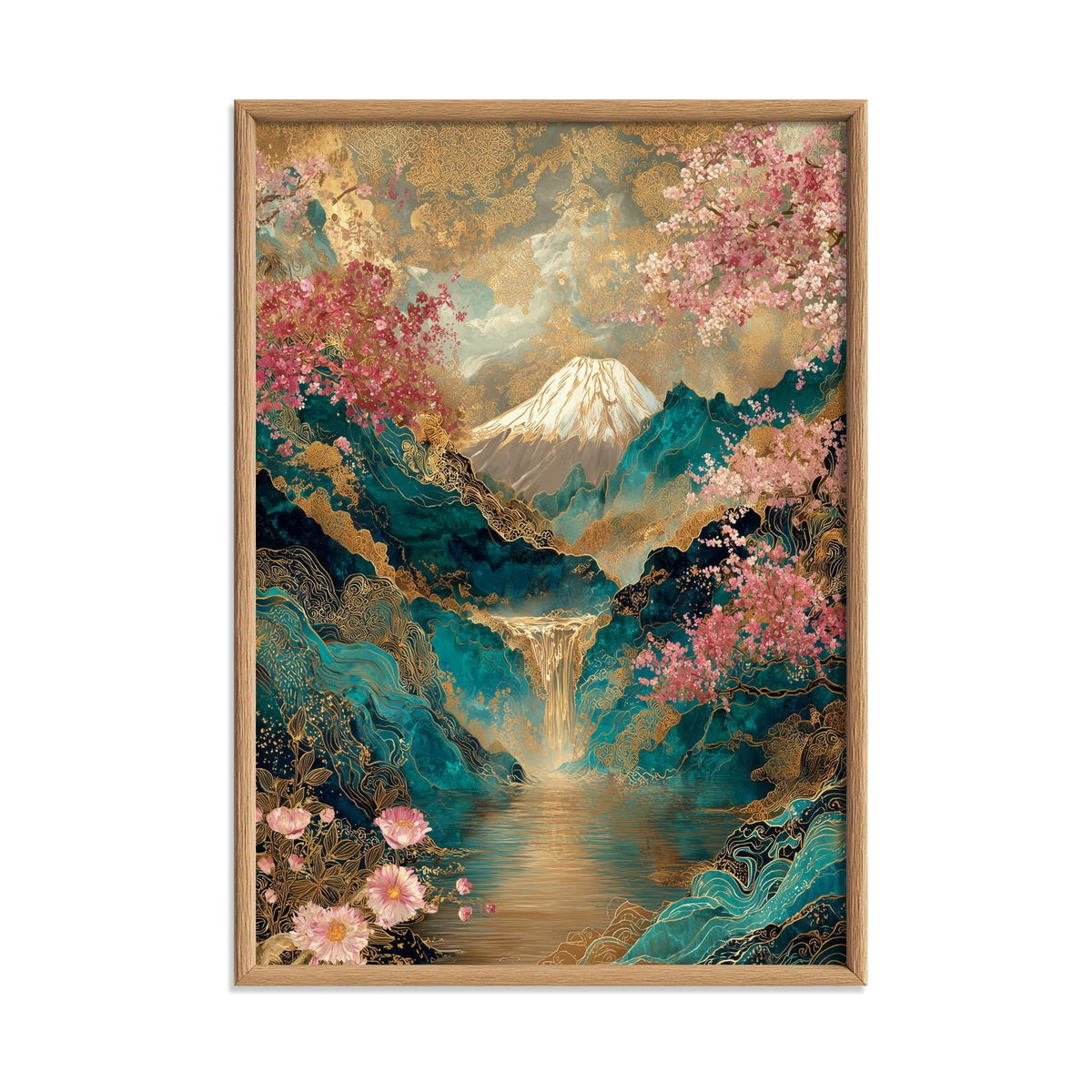 Mount Fuji Cherry Blossom Wall Art Print, Japanese Landscape Poster, Teal Gold Waterfall Decor