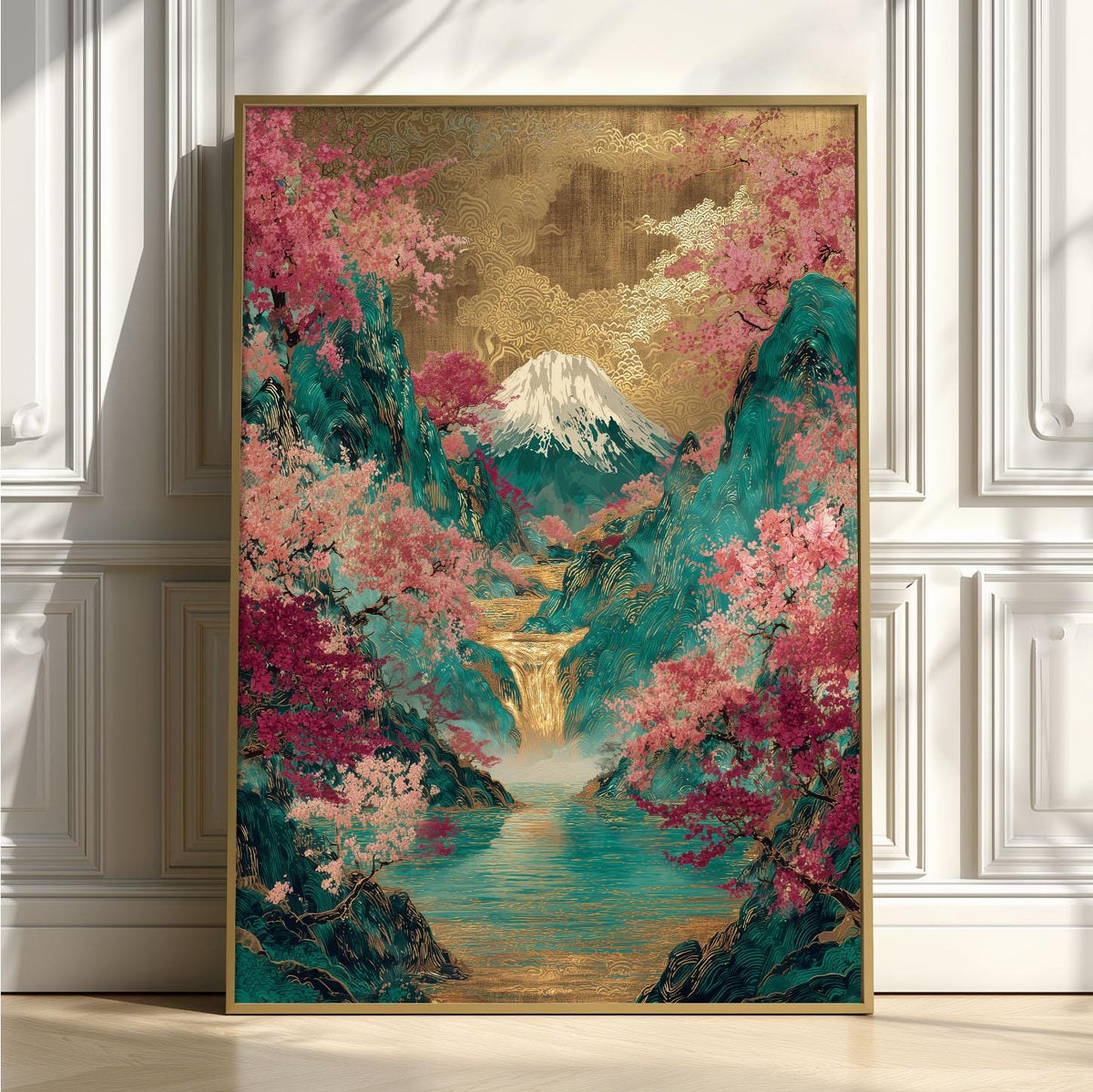 Mount Fuji Cherry Blossom Wall Art Print, Japanese Landscape Poster, Teal Gold Waterfall Decor
