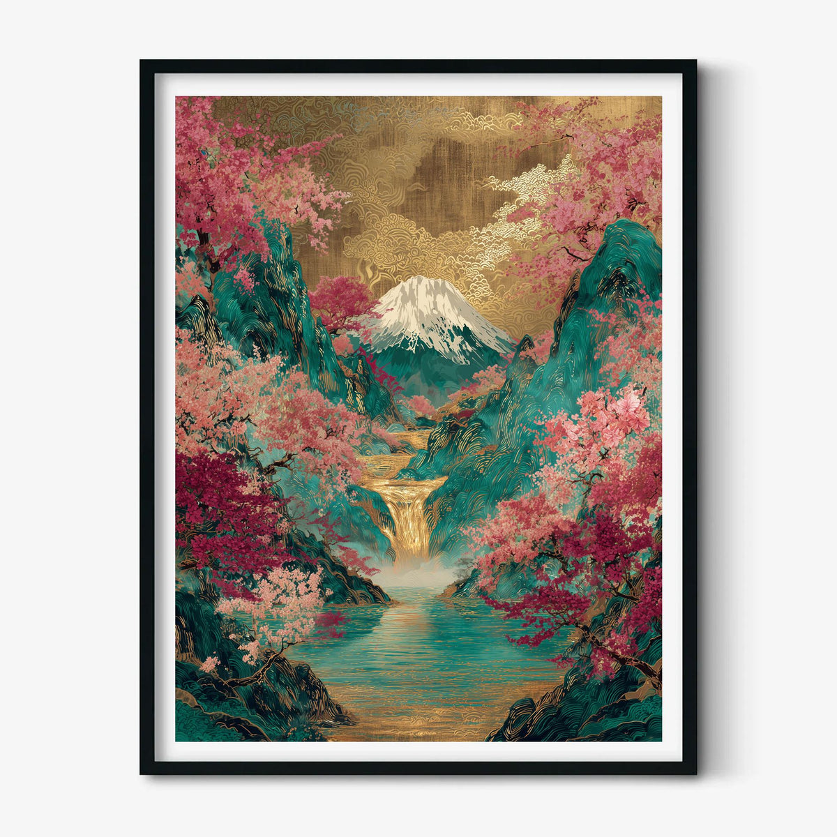 Mount Fuji Cherry Blossom Wall Art Print, Japanese Landscape Poster, Teal Gold Waterfall Decor