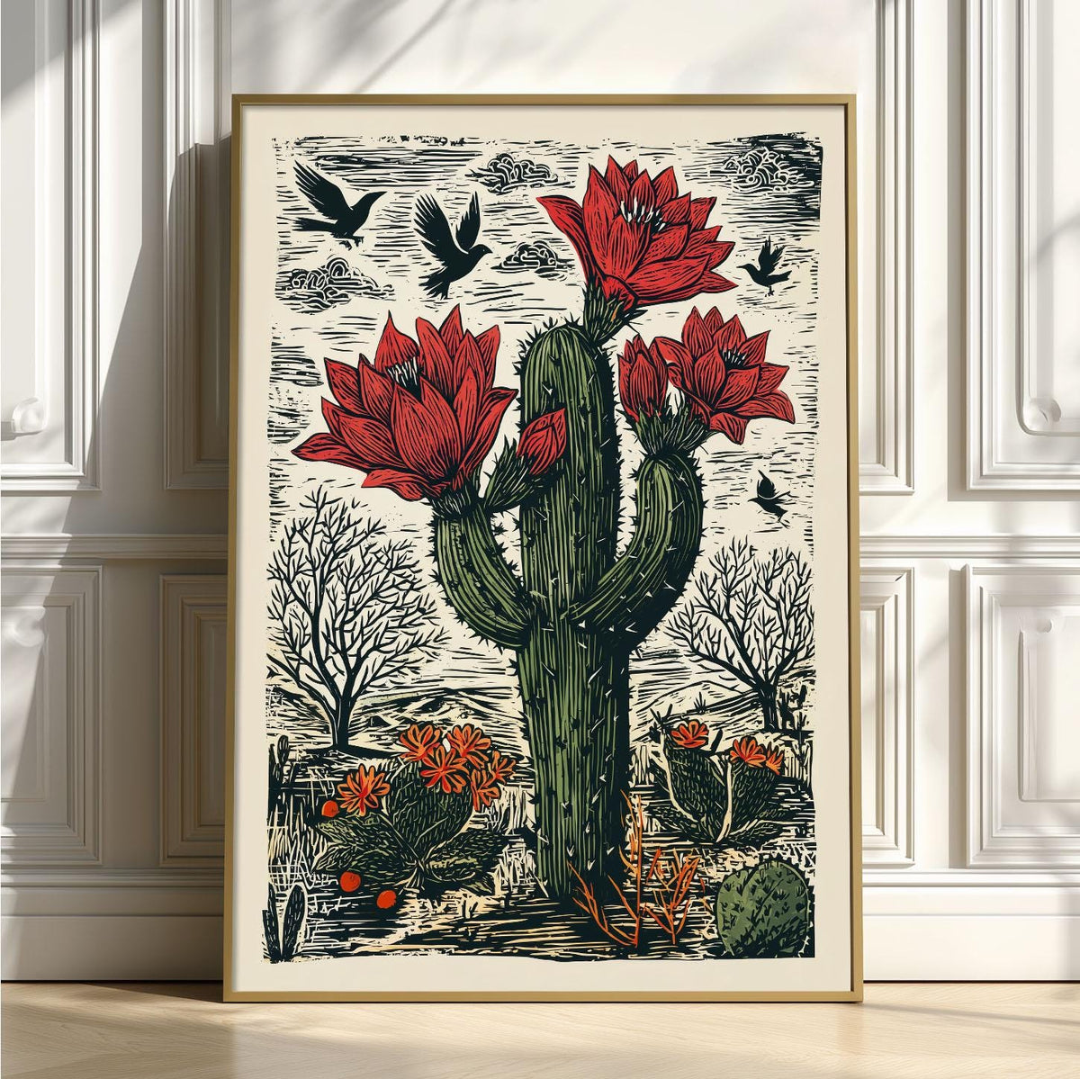 Red Flowering Cactus Wall Art Print, Desert Botanical Poster, Southwestern Linocut Decor