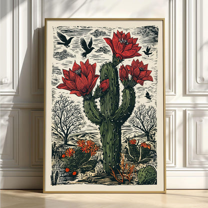 Red Flowering Cactus Wall Art Print, Desert Botanical Poster, Southwestern Linocut Decor