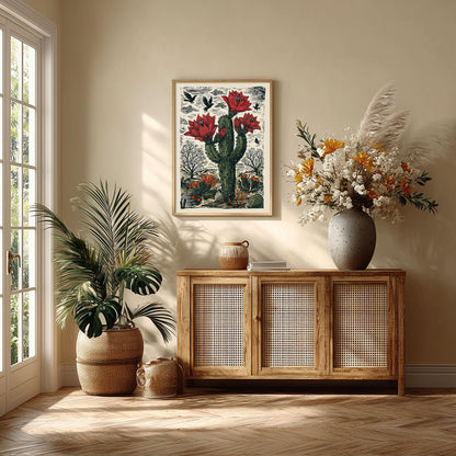 Red Flowering Cactus Wall Art Print, Desert Botanical Poster, Southwestern Linocut Decor