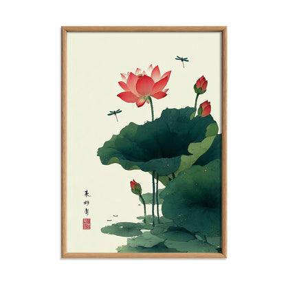 Pink Lotus Flower Wall Art Print, Chinese Ink Painting Poster, Dragonfly Botanical Zen Decor